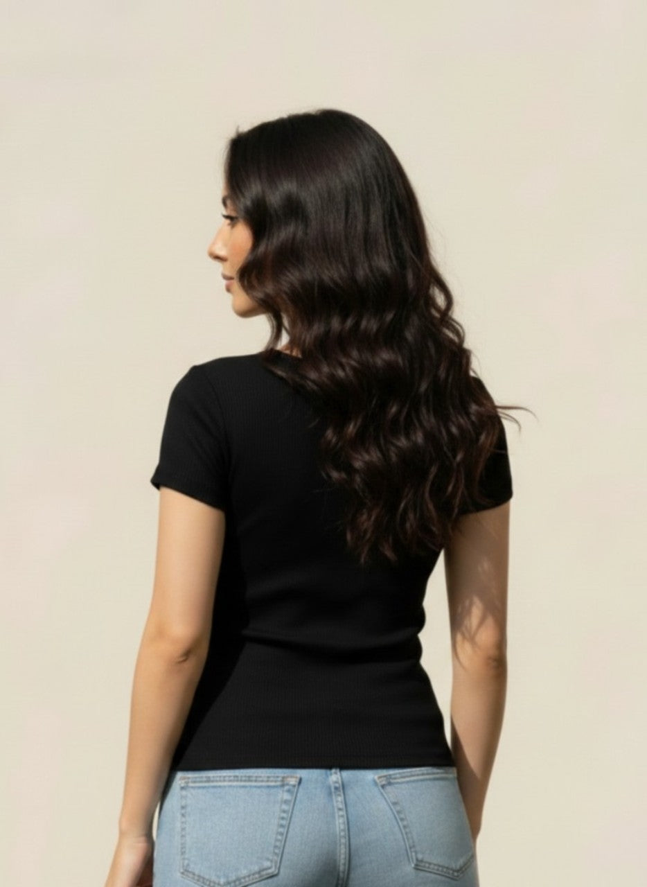 Black Wide Neck Short Sleeves