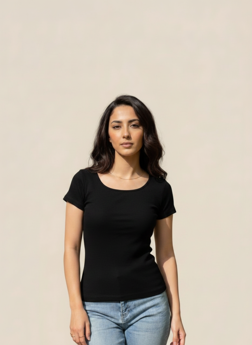 Black Wide Neck Short Sleeves