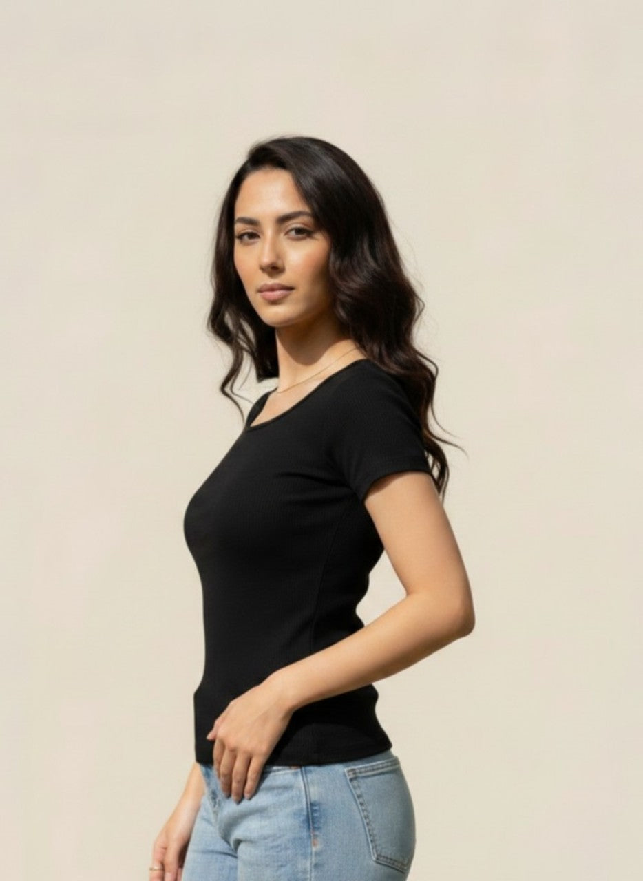 Black Wide Neck Short Sleeves