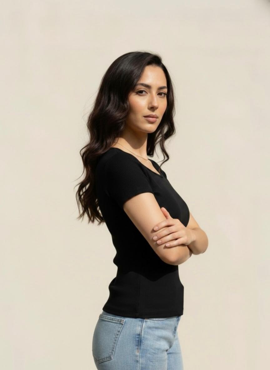 Black Wide Neck Short Sleeves